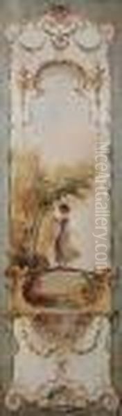 A Young Woman On A Bridge Within
 A Paintedcartouche; And A Young Man On A Bridge Within A 
Paintedcartouche Oil Painting by Nicolas Lancret