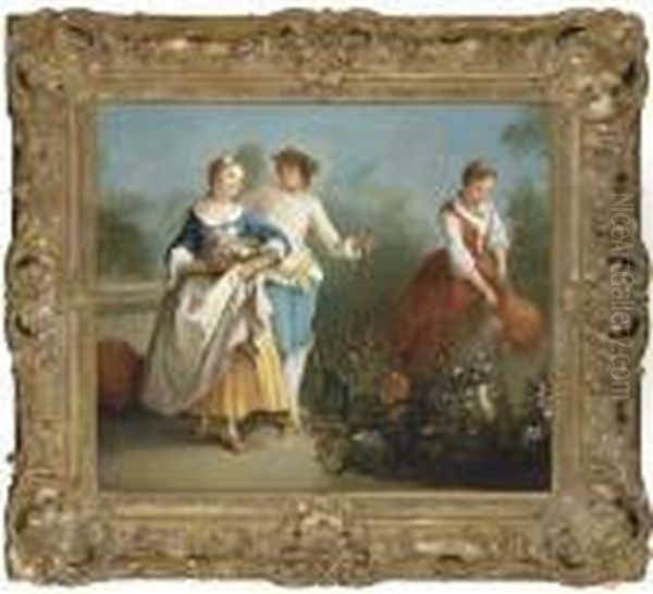 Elegant Figures In A Garden Oil Painting by Nicolas Lancret