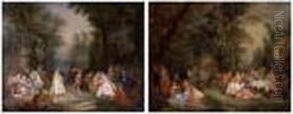 Fete Champetre With A Couple 
Dancing And Fete Champetre With A Woman On A Swing: A Pair Of Paintings Oil Painting by Nicolas Lancret