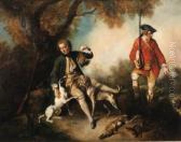 'la Halte De Chasseurs': A 
Huntsman Holding A Gamebird And Restingby A Tree, His Servant And Hounds
 Nearby Oil Painting by Nicolas Lancret