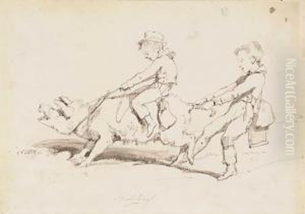 School Boys Playing With A Pig Oil Painting by Sir Edwin Henry Landseer