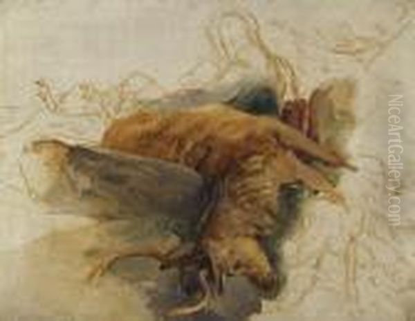 A Dead Stag, With Sketched Figures Of A Ghillie Andhounds Oil Painting by Sir Edwin Henry Landseer
