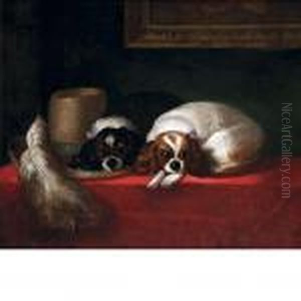 Two Cavalier King Charles Spaniels Beside A Feathered Hat Oil Painting by Sir Edwin Henry Landseer