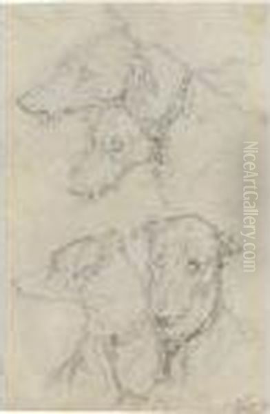 Three Sheets Of Studies Of 
Deerhounds, One With A Portrait Of Johncrerar Looking Through A Spy 
Glass Oil Painting by Sir Edwin Henry Landseer