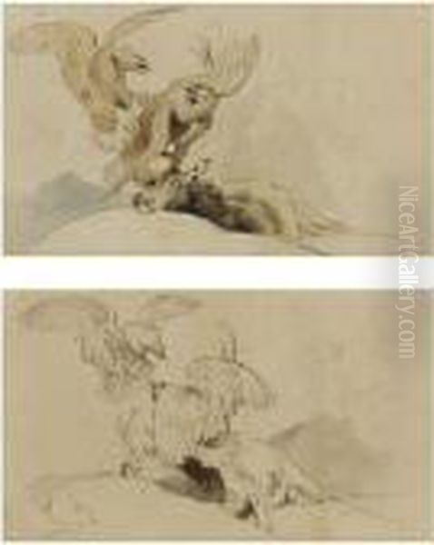 Studies Of Eagles Fighting Over A Dead Stag Oil Painting by Sir Edwin Henry Landseer