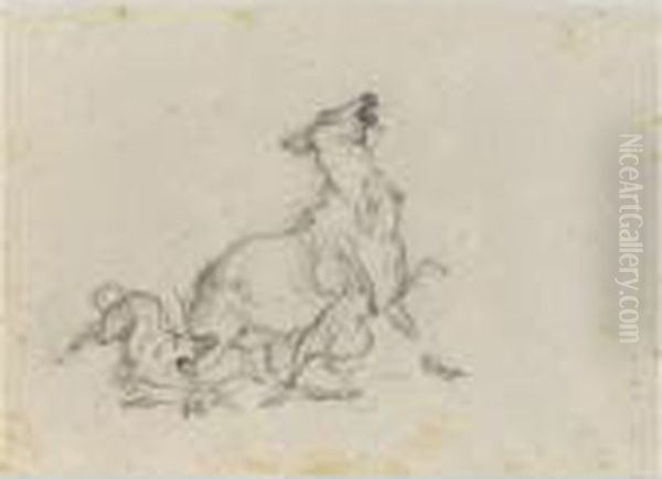 Studies Of A Cow Attacked By Dogs, And A Hind Beingbrought Down By Dogs Oil Painting by Sir Edwin Henry Landseer