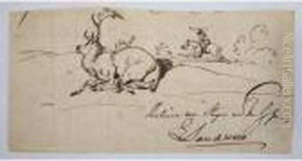 A Fallen Stag, Huntsman Beyond Oil Painting by Sir Edwin Henry Landseer