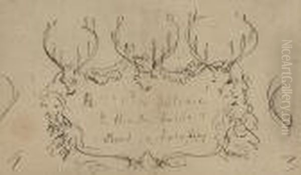 Design For A Cartouche Formed Of Stag Heads And Antlers Oil Painting by Sir Edwin Henry Landseer