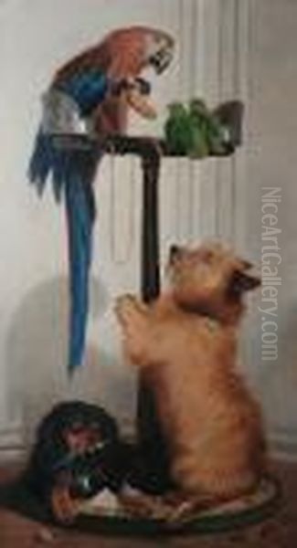 A Macaw, Lovebirds, Terrier And Spaniel Puppy Oil Painting by Sir Edwin Henry Landseer
