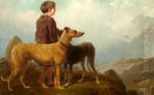 Boy With Lurchers In A Highland Landscape Oil Painting by Sir Edwin Henry Landseer