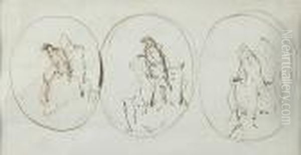 Three Studies Of Eagles, Ovals, 
Ink Sketches, Plus A Pencil Sketch Of A Man And Horse Verso, Double 
Glazed Oil Painting by Sir Edwin Henry Landseer
