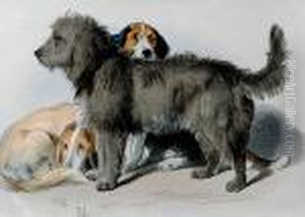 Pair Of Works The Three Dogs Sleeping Bloodhound Oil Painting by Sir Edwin Henry Landseer