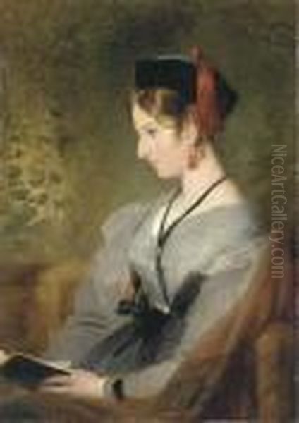Portrait Of Elizabeth Wells, 
Later Lady Dyke, Three-quarter-length,seated In A Grey Dress, Holding A 
Book Oil Painting by Sir Edwin Henry Landseer