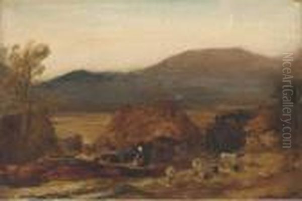 A Mountainous Landscape, With A Figure By A Cottage And Sheep Inthe Foreground Oil Painting by Sir Edwin Henry Landseer
