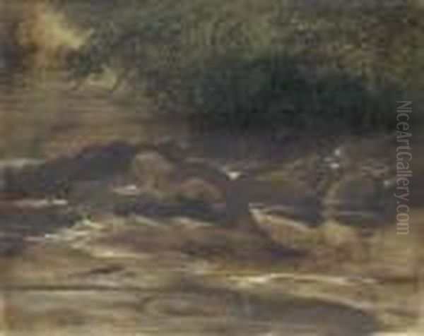 A River Scene, With An Otter Eating A Fish, A Sketch Oil Painting by Sir Edwin Henry Landseer