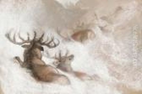 Stags In A Snowdrift Oil Painting by Sir Edwin Henry Landseer