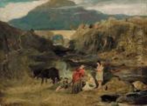 Figures Resting By A River In A Highland Landscape Oil Painting by Sir Edwin Henry Landseer