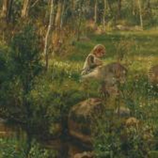 Little Girl Picking Flowers In The
Forest. Oil Painting by Olaf Viggo Peter Langer