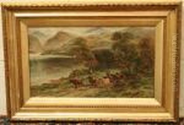 Highland Cattle Being Herded Along A Rural Track Beside A Loch Oil Painting by William Langley