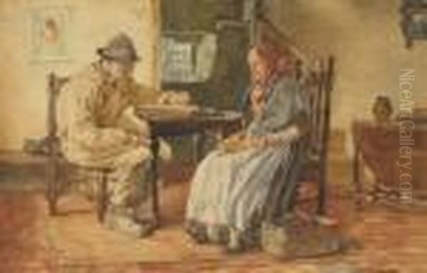 Watercolour Words Of Comfort - 
Woman Shelling Peas And Her Husband Reading From A Bible Signed 12.25