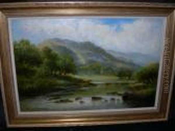 Cattle Watering In A Highland 
Riverlandscape Oil On Canvas Signed Lower Left 39.5cm X 60cm Oil Painting by William Langley
