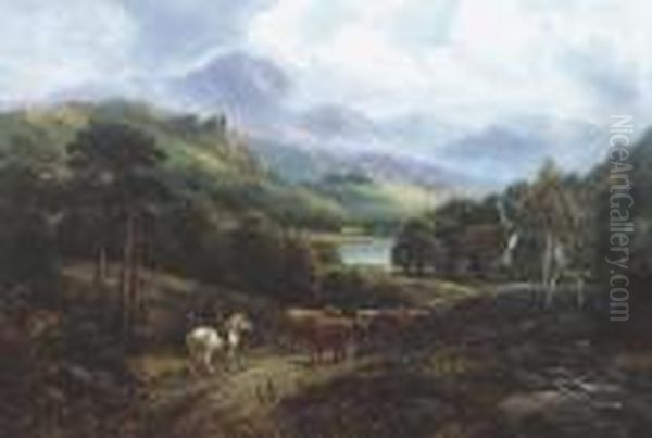 ````at Tarbert Loch Lomond' 
Highland Landscape With Mounted Drover Cattle And Farmstead, Signed Oil 
On Canvas Oil Painting by William Langley