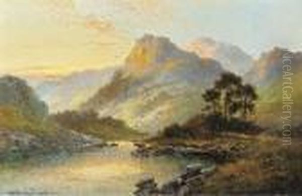 Cattle Watering At Dusk In A Highland Landscape Oil Painting by William Langley