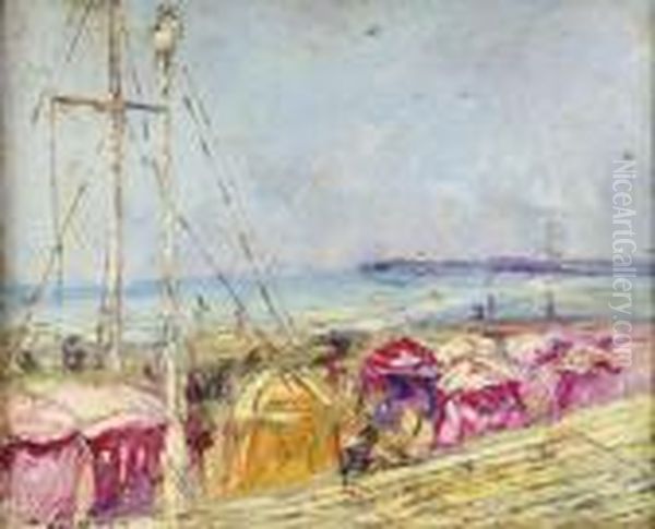 Hafenszenerie Mit Angelegten Booten Oil Painting by Georges Lapchine
