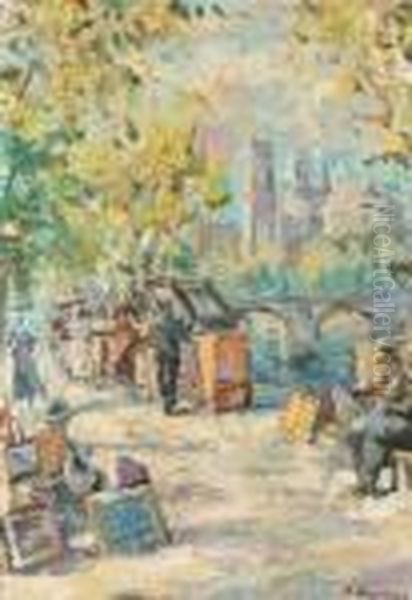 Paris, Notre-dame, Les Quais, Les Bouquinistes Oil Painting by Georges Lapchine