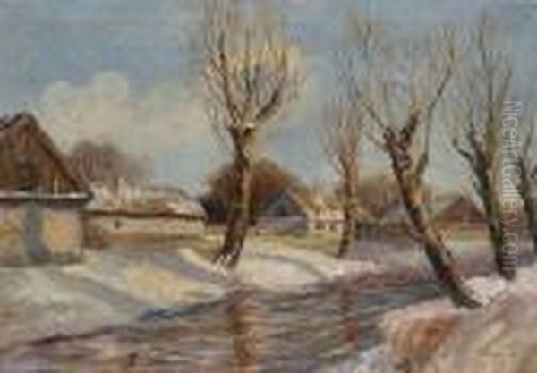 Lapchine, Georgi 
Alexandrovich:winterlandscape With Houses. Oil On Canvas. Signed. - 
Restored.little Hole. Minimally Stained Oil Painting by Georges Lapchine