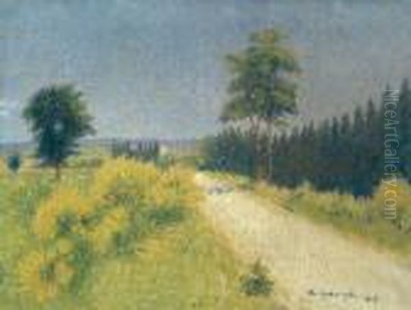 Route De Belveze Vers Le Relais 
(1918)huile Sur Toile. Signee Et Datee En Bas A Droite. 53 Oil Painting by Achille Lauge