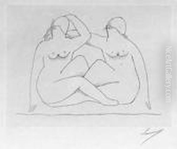 Deux Nus. Avant Oil Painting by Henri Laurens