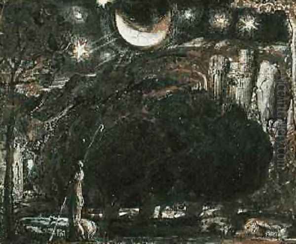 A Shepherd and his Flock under the Moon and Stars, c.1827 Oil Painting by Samuel Palmer