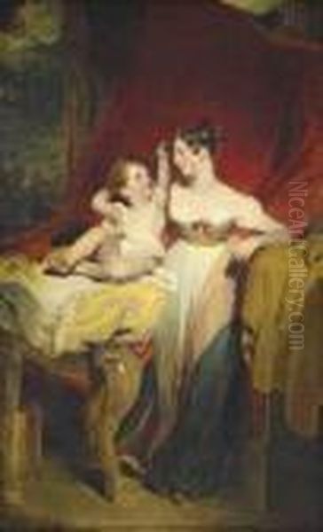 Portrait Of Anne, Viscountess 
Pollington, Later Countess Of Mexborough , With Her Son, John Charles , 
Later 4th Earl Of Mexborough, Full-length, She In A White Dress With A 
Rose At The Bodice, With A Pink And Blue Shawl, A Draped Red Curtain 
Beyon Oil Painting by Sir Thomas Lawrence