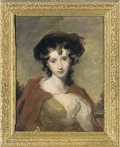 Portrait Of A Young Girl, 
Bust-length, In A Green Dress And Redshawl, With A Brown Hat, A 
Landscape Beyond Oil Painting by Sir Thomas Lawrence