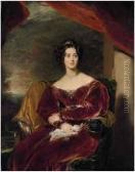 Portrait Of Mary, Countess Of 
Wilton (1801-1858),three-quarter-length, Seated, In A Red Velvet Dress 
With A Brooch,a Landscape Beyond Oil Painting by Sir Thomas Lawrence