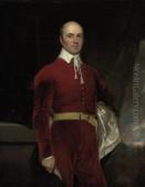 Portrait Of A Gentleman, 
Three-quarter-length, In A Red Coat Andwhite Shirt, Standing Beside A 
Table, A Landscape Beyond Oil Painting by Sir Thomas Lawrence