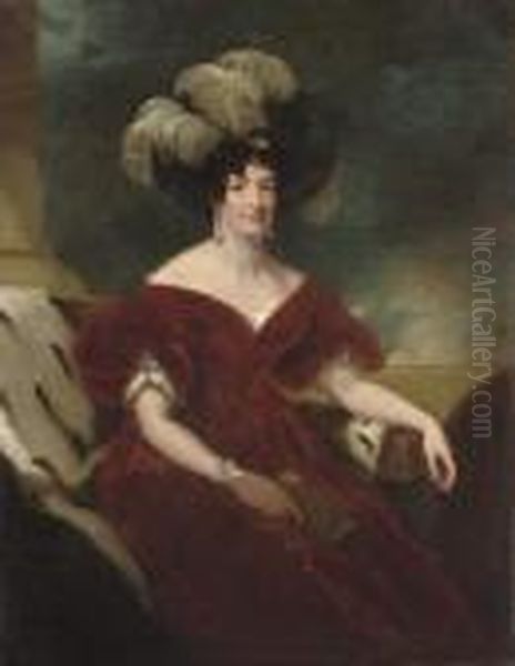 Portrait Of A Lady, 
Three-quarter-length, Seated In A Red Velvetdress, And A Black Plumed 
Hat Oil Painting by Sir Thomas Lawrence