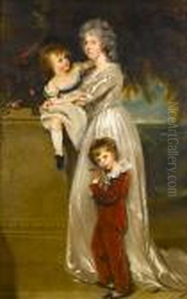 Portrait Of Mrs Arthur Annesley,
 Standing Full-length, In A White Satin Dress With Two Of Her Children, 
One In A Red Skeleton Suit Holding A Rabbit, The Other Seated On A Stone
 Plinth Oil Painting by Sir Thomas Lawrence