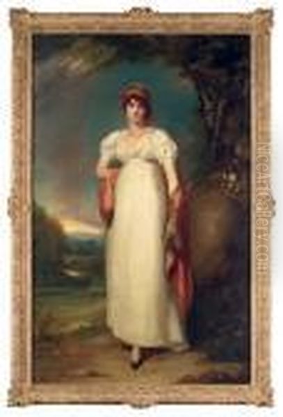 Portrait Of Mrs John Halkett (d.
 1805), Full-length, In A White Dress, With An Embroidered Headdress 
And Shawl, In An Extensive Landscape Oil Painting by Sir Thomas Lawrence