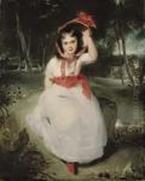 'the Woodland Maid': Portrait Of
 Miss Emily De Visme (1787-1873), Full-length, Seated In A Wooded 
Landscape, In A White Dress With A Pink Sash And A Straw Bonnet With Red
 Ribbons Oil Painting by Sir Thomas Lawrence