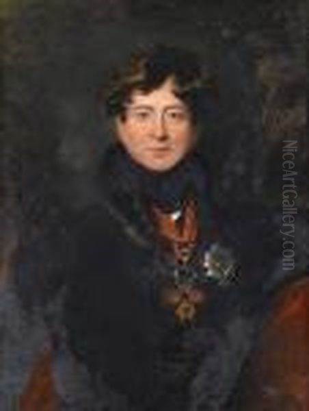 A Portrait Of King George Iv, 
Bust-length, In A Fur-trimmed Coat And Wearing The Badge Of The Order Of
 The Garter And The Spanish Order Of The Golden Fleece Oil Painting by Sir Thomas Lawrence
