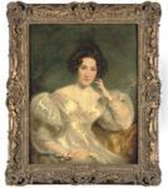 Portrait Of Mrs Sinclair, 
Three-quarter-length, In A White Dress,an Eyeglass On A Chain Around Her
 Neck Oil Painting by Sir Thomas Lawrence