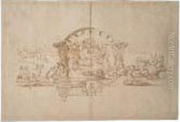 Design For A Wall Decoration 
Above A Door With Signs Of The Zodiacand A Woman Crowning A Lion Oil Painting by Charles Lebrun