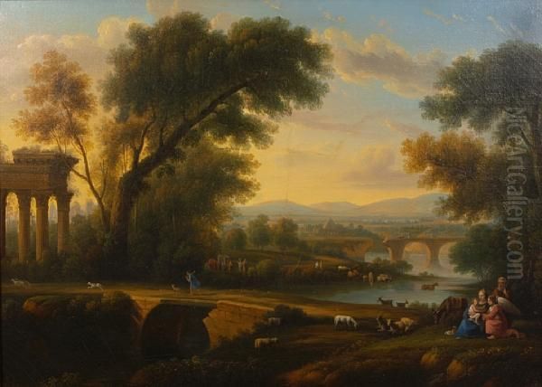 Shepherds And An Angel In An Extensive Landscape Oil Painting by Claude Lorrain (Claude Gellee)