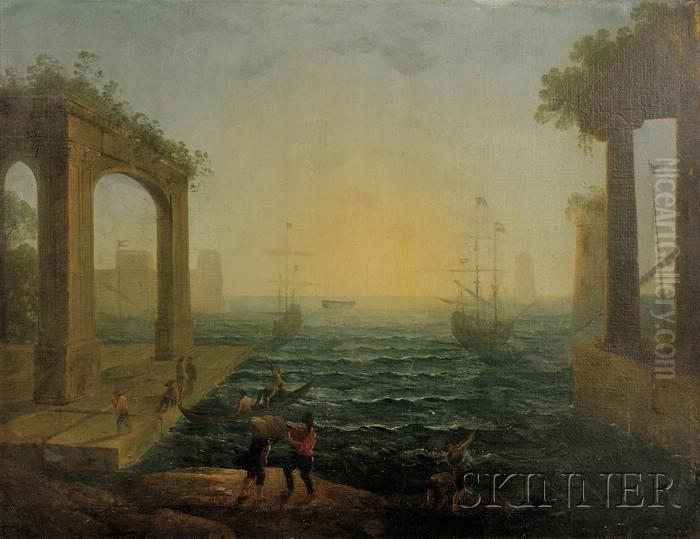 Harbor Scene With Figures And Classical Ruins Oil Painting by Claude Lorrain (Claude Gellee)