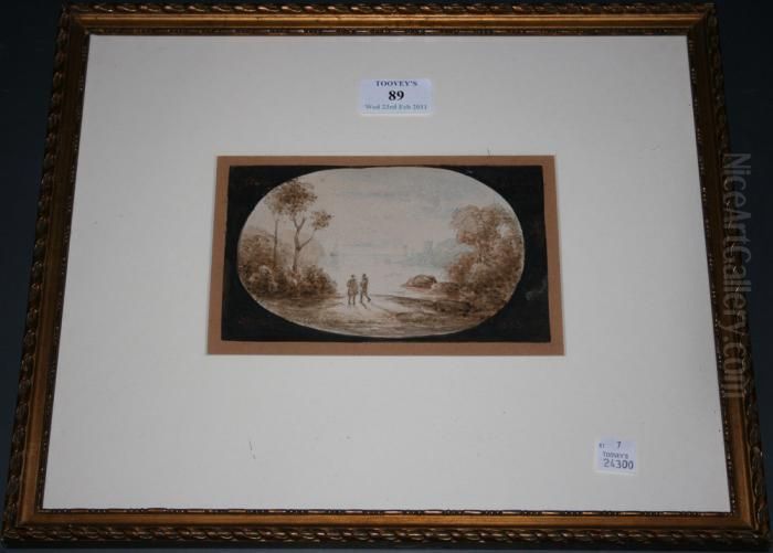 Coastal View With Twofigures Looking Out To A Hazy Sea Within A Feigned Oval Oil Painting by Claude Lorrain (Claude Gellee)