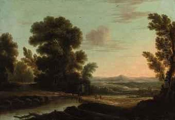 An Italianate River Landscape With Herdsmen With Their Cattlecrossing A Bridge Oil Painting by Claude Lorrain (Claude Gellee)