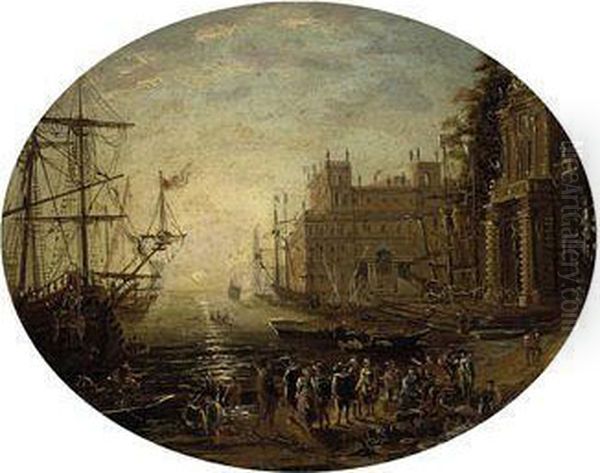 An Architectural Capriccio With Figures Conversing At Sunset Oil Painting by Claude Lorrain (Claude Gellee)