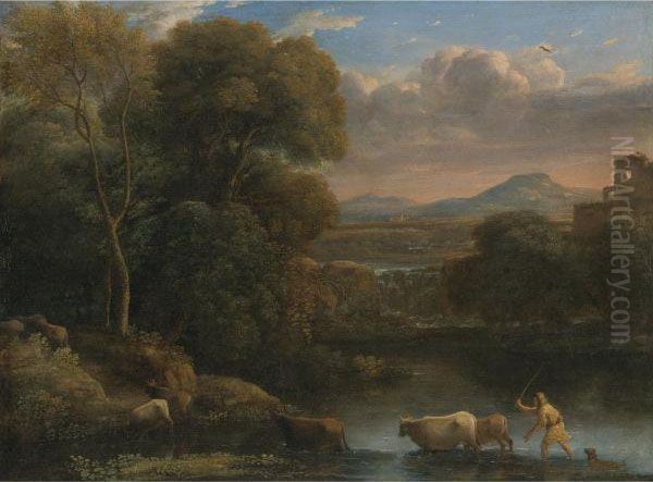 An Italianate Landscape With A 
Drover And His Dog Driving Hiscattle Across A Ford, A Waterfall Beyond Oil Painting by Claude Lorrain (Claude Gellee)